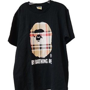 BAPE By Bathing Ape Tee Shirt Check Logo Head Black Beige Burberry Size Large